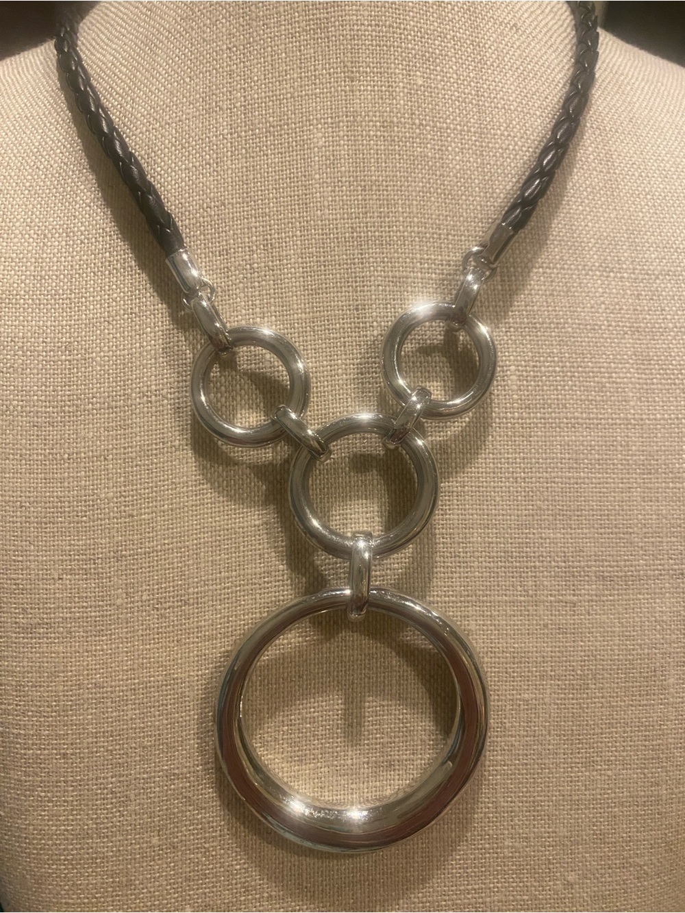 Silver-Tone Linked Hoop Necklace with Black Braided Cord
